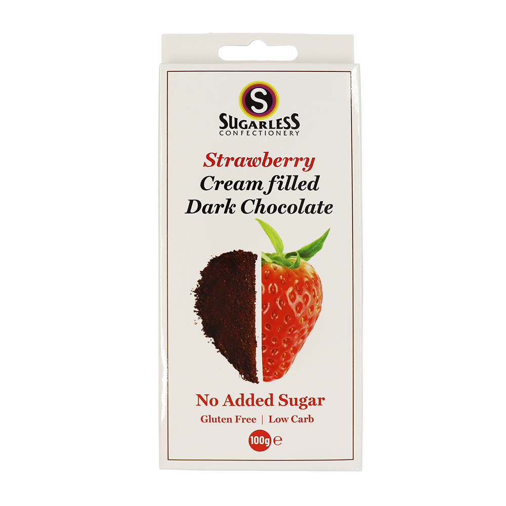 Strawberry flavoured Cream Filled Dark Chocolate - Sugarless Confectionery