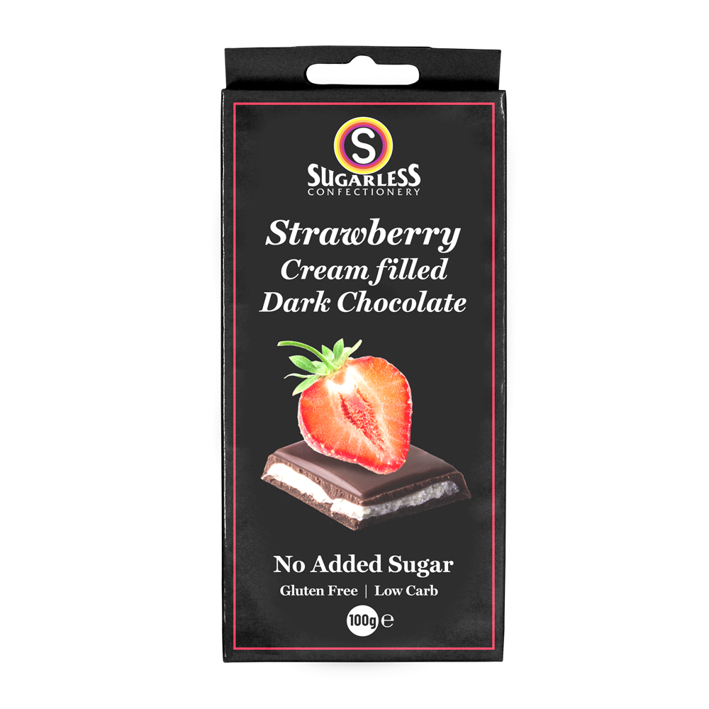 Strawberry flavoured Cream Filled Dark Chocolate - 100g - Sugarless Confectionery