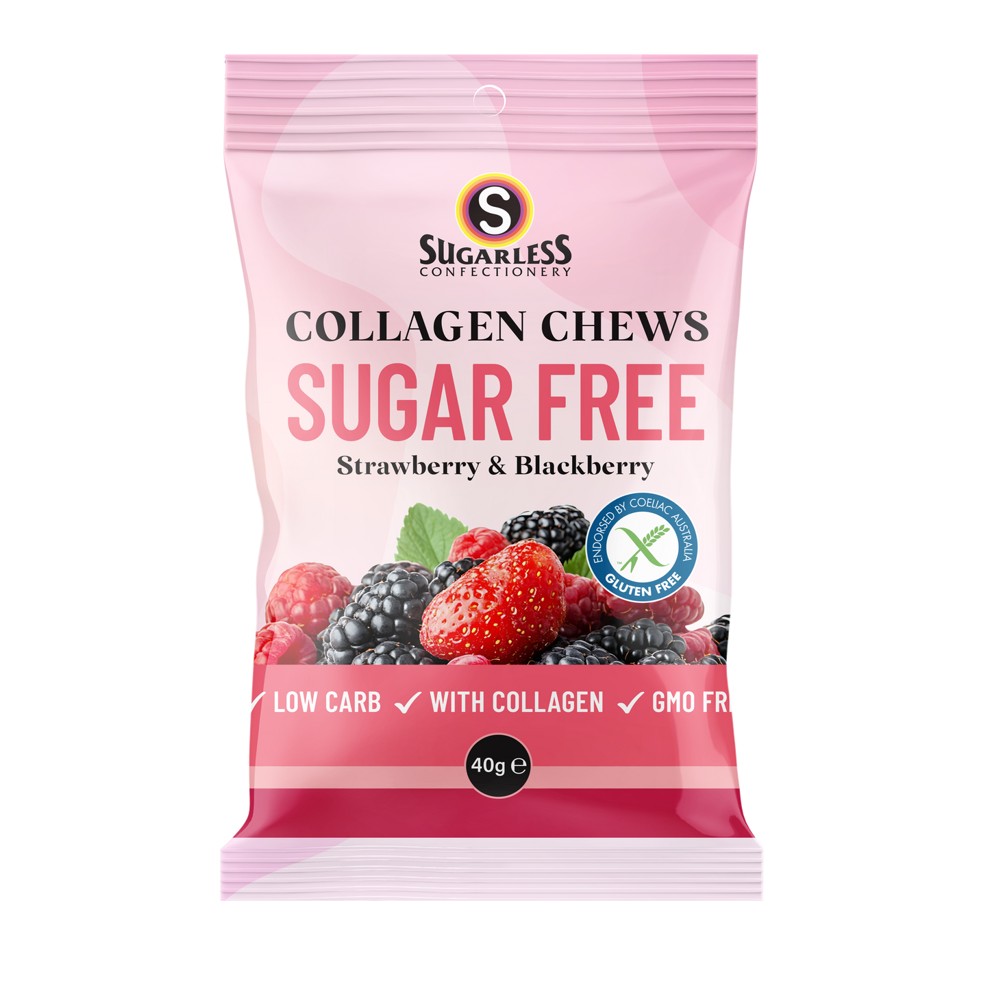 Collagen Strawberry & Blackberry Chews 40g - Sugarless Confectionery