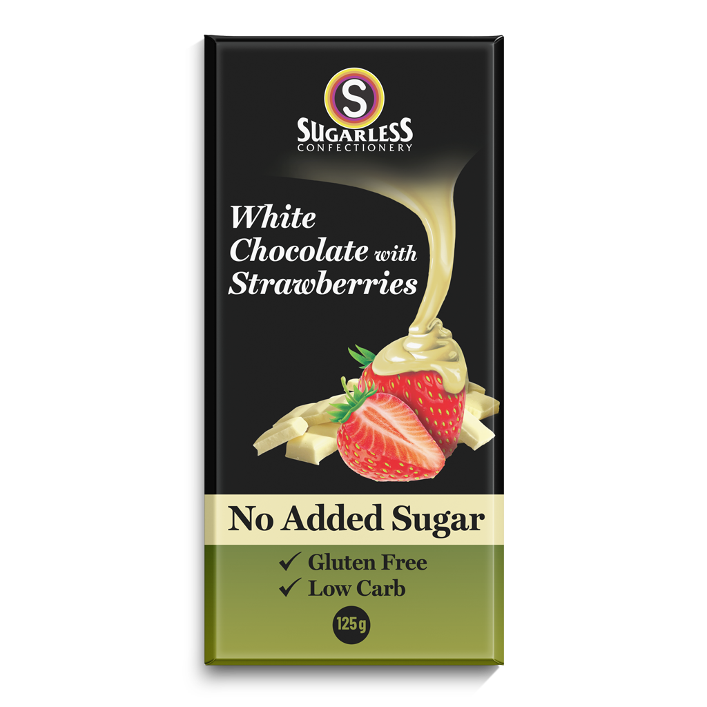 White Chocolate with Strawberries - 125g - Sugarless Confectionery
